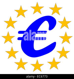 Simbolo Euro circondato da dodici stelle gialle in sfondo bianco Foto Stock