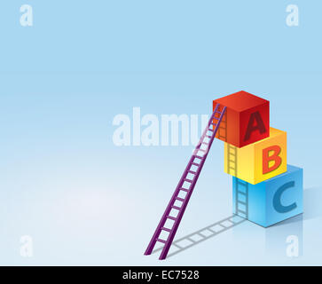 Sviluppo dell'apprendimento con caselle e scala. Tre colori caselle abc che sono di colore rosso, blu e giallo sono impilati fino con passaggi di colore viola Foto Stock