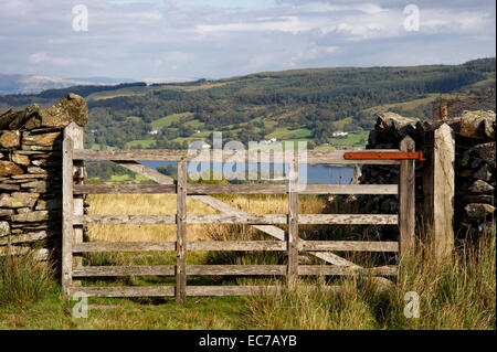 Guardando attraverso Coniston Water dalle pendici dell'uomo vecchio di Coniston nel Lake District inglese Foto Stock