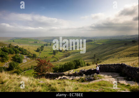 Affacciato Malhamdale dal di sopra Malham Cove nel Yorkshire Dales National Park Foto Stock