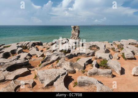 Stack di mare e formazioni rocciose, Peniche, Portogallo. Isole Berlingas in distanza. Foto Stock