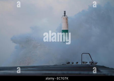 Aberystwyth, Wales, Regno Unito. 10 dicembre, 2014. Regno Unito: Meteo venti di fino a 80mph pastella il Regno Unito portando enormi ondate di Aberystwyth. Credito: Jon Freeman/Alamy Live News Foto Stock