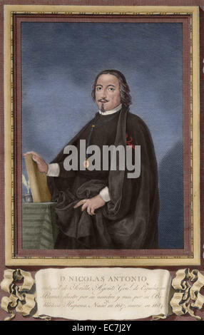 Nicolas Antonio (1617-1684). Bibliographer spagnolo. Ritratto. Incisione. Colorati. Foto Stock
