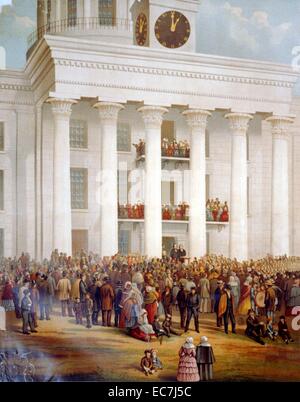Il punto di partenza della grande guerra tra gli stati. Una folla si raduna davanti al Capitol Building al momento dell'inaugurazione di Jefferson Davis come il primo Presidente degli Stati Confederati d'America, a Montgomery, Alabama, 18 febbraio 1861. Sebbene egli prese di carica personale dei Confederati di piani di guerra egli non è stato in grado di trovare una strategia per sconfiggere l'Unione e consentito l'economia confederato al collasso. Foto Stock