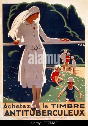 Achetez le timbre antituberculeux - Acquista il timbro della tubercolosi. Un francese di sanità pubblica propaganda poster raffigurante un infermiere a guardare i bambini giocare all'aperto. Foto Stock