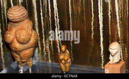 (Sinistra) la Venere di Willendorf (replica), uno dei primi figurine femminili. (Destro) Venere di Brassempouy, frammentaria di una statuetta di avorio, dal Paleolitico Superiore. scoperto in una grotta a Brassempouy, Francia nel 1892. Piccolo figurine femminili si trovano in tutta Europa dalla Francia alla Russia circa 28,000-20.000 anni fa. Foto Stock