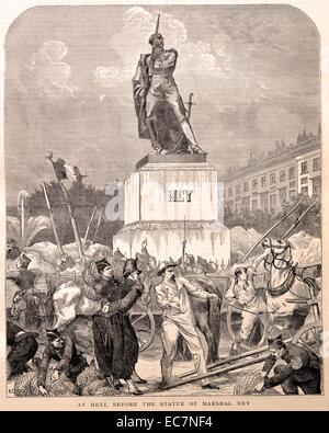 Incisione raffigura una scena a Metz davanti alla statua del maresciallo Michel Ney (1769-1815) un soldato francese e un comandante militare durante la Rivoluzione Francese e le guerre le guerre napoleoniche. Datata 1870 Foto Stock