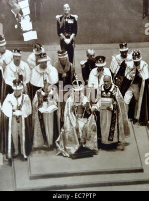 Incoronazione di British King George VI nella Westminster Abbey. George VI (Albert Frederick Arthur George; 14 Dicembre 1895 - 6 febbraio 1952) re del Regno Unito e signorie del Commonwealth Britannico dal 11 dicembre 1936 fino alla sua morte. Egli è stato l'ultimo imperatore di India e il primo Capo del Commonwealth Foto Stock