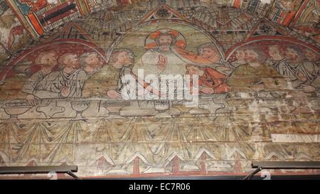 I pannelli del soffitto preservato da una chiesa norvegese risalente al 1200 D.C. L'ultima cena è mostrato Foto Stock