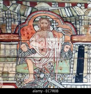I pannelli del soffitto preservato da una chiesa norvegese risalente al 1200 D.C. La risurrezione di Gesù è mostrato Foto Stock