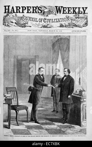 George T. Brown, sergente-at-arms, servendo la citazione del Presidente Johnson (1808-1875). Johnson è stato il diciassettesimo Presidente degli Stati Uniti, che serve da 1865 a 1869. Egli divenne presidente Abraham Lincoln Vice Presidente al momento di Lincoln è assassinio. Foto Stock