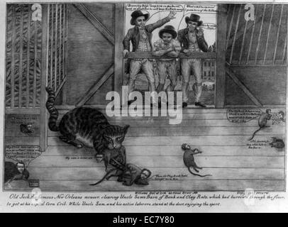 Il vecchio Jack, la famosa New Orleans mouser, compensazione lo zio Sam's Barn di bank e di ratti di argilla' una rara pro-Jackson satira sul Presidente della campagna per distruggere il potere politico e di influenza della Banca degli Stati Uniti. Probabilmente è stato rilasciato in ritardo nella campagna presidenziale del 1832, dopo Jackson del luglio veto del disegno di legge di ri-carta della banca. Foto Stock