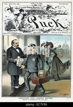 Coerente la riforma del servizio civile " Presidente Cleveland consegnando una Carta che afferma "Re-appuntamento per onestà ed efficienza" di Henry G. Pearson per la sua nomina come Postmaster in New York. Pearson sta portando una casella etichettata come "la fiducia della gente". In background, sono Whitelaw Reid con pugnale etichettato "N.Y. Tribune" e Charles A. Dana con pugnale etichettato "N.Y. Sun"; compaiono entrambe arrabbiato che un efficiente e onesto cittadino è stato nominato per un servizio civile posizione. Foto Stock