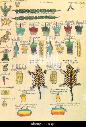 Il Codex Mendoza; Aztec codex, creato circa venti anni dopo la conquista spagnola del Messico con l'intento di essere visto da Carlo V, il Sacro Romano Imperatore e Re di Spagna. È una storia di azteca i righelli e le loro conquiste, un elenco del tributo pagato dalla conquistata, e una descrizione della quotidiana vita azteca 1553 Foto Stock