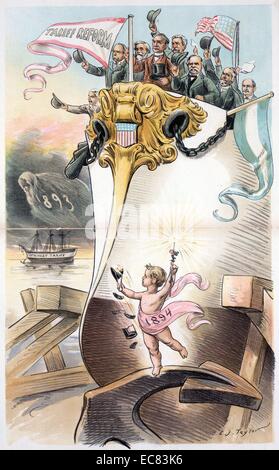 Lanciato a ultimo! - Buona fortuna a lei! Da Charles Jay Taylor 1855-1929; pubblicato 1893. Stampa mostra un cherubino etichettato '1894' smashing una bottiglia di champagne come egli lancia una grande nave moderna, la nave dello Stato, sotto l'intestazione 'Tariffa Riforma" con Grover Cleveland e i membri del suo gabinetto in piedi sulla prua sventolando i loro cappelli, sullo sfondo la Spector del '1893' posiziona il puntatore del mouse su una nave a vela etichettato "cKinley TARIFFA'. Tra quelli con il Cleveland sono Walter Q. Gresham, John G. Carlisle, Richard Olney, e Daniel S. Lamont o Vice Presidente E. Adlai Stevenson. Foto Stock