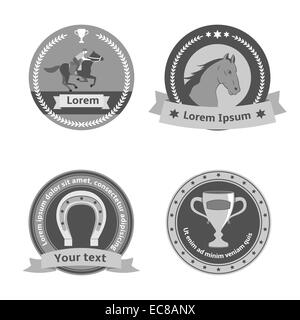 Equitazione i badge di nero e le etichette del cavaliere a cavallo sport equestri dressage e isolato a ferro di cavallo illustrazione vettoriale Illustrazione Vettoriale