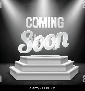 Presto in arrivo il nuovo prodotto in promozione illuminato con luce dello stadio vuoto podio sfondo realistico illustrazione vettoriale Illustrazione Vettoriale