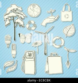 Ecologia e ambiente Il set figurine di foglie di albero e la mano con il germoglio isolato illustrazione vettoriale Illustrazione Vettoriale