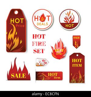 Prezzo calda fiamma di fuoco vendita carta sconto promozione i badge di etichette e tag isolato illustrazione vettoriale. Illustrazione Vettoriale