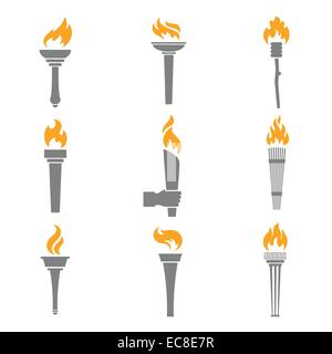 Torcia di fuoco vittoria campione fiamma set di icone isolato illustrazione vettoriale Illustrazione Vettoriale
