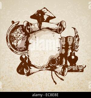 College University il vecchio stile vintage diploma di laurea certificato schizzo illustrazione vettoriale Illustrazione Vettoriale