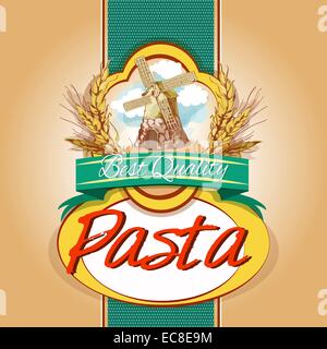 Migliore qualità di gustosa farina di frumento spaghetti pack etichetta con mulino a vento emblema illustrazione vettoriale Illustrazione Vettoriale