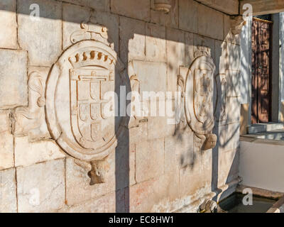 Fontana rinascimentale in Piazza della Repubblica, Alter do Chão, distretto di Portalegre, Portogallo. Dettaglio del portoghese stemma. Foto Stock