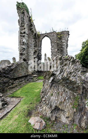 Neath Abbey rovine con sezione di caduta del muro, Neath, Glanmorgan, Wales, Regno Unito Foto Stock