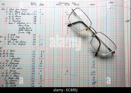 Un vecchio account ledger, figure manoscritta in libbre di scellini e pence, ragioniere con gli occhiali Foto Stock