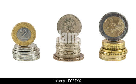 Pila di Polish zloty Pound e di monete metalliche in euro isolati su sfondo bianco Foto Stock