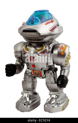 Argento giocattolo automatico robot giocattolo isolato su sfondo bianco Foto Stock