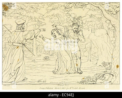 Un'illustrazione dell'edizione 1828-33 di Howard di *The Tempest* di Shakespeare. Il disegno accompagna il testo, offrendo un'interpretazione visiva delle scene o dei temi del gioco, riflettendo lo stile artistico del tempo. Foto Stock