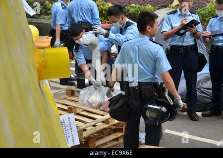 Hong Kong, Cina. 11 dicembre, 2014. Dopo 74 giorni di occupare Hong Kong protesta, polizia emanare una corte ingiunzione a rimuovere i manifestanti e il loro accampamento da Connaught Road Central. Le autorità avevano messo in guardia i manifestanti a lasciare in anticipo del gioco, ma un paio di pro-democrazia manifestanti sono rimasti, portando a una manciata di arresti. Credito: Stefan Irvine/Alamy Live News Foto Stock