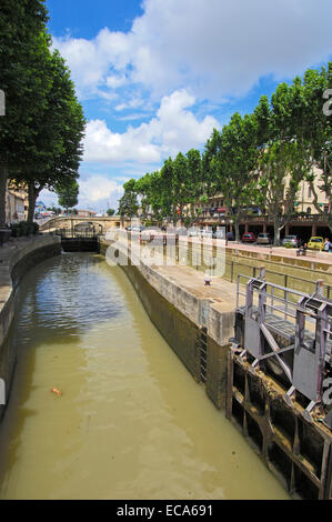 Canal de la Robine, Narbonne, Aude, Languedoc Roussillon, Francia, Europa Foto Stock