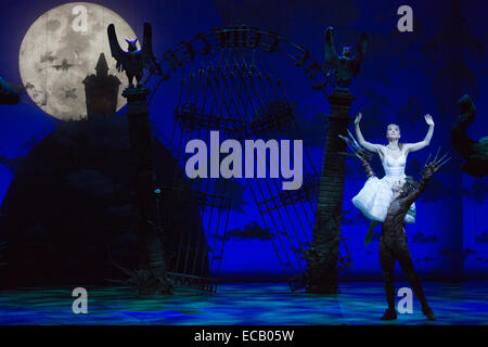 Nella foto: Liam il tosaerba come Edward Mani di forbice e Katy Lowenhoff come Kim Boggs. Photocall di Matthew Bourne's adeguamento per lo stadio di Tim Burton film 'Edward Mani di Forbice' a Sadler's Wells. Edward Mani di Forbice corre dal 2 dicembre 2014 al 11 gennaio 2015 a: Sadler's Wells Theatre, Londra. Edward Mani di forbice è prodotta da Matthew Bourne è un'azienda nuove avventure. Edward Mani di forbice è svolto da Liam rasaerba e Dominic Nord, Kim Boggs è svolto da Katy Lowenhoff e Ashley Shaw (sulle alternative notti). Foto Stock