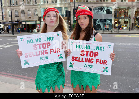 Londra, UK, 11 Dicembre 2014 : 'Santa' Steven Ugoalah e PETA 'Elfi' in grado di consegnare un messaggio ad Harvey Nichols Department Store "è stato molto naughty per la vendita di prodotti in pelliccia' di Londra. Credito: Vedere Li/Alamy Live News Foto Stock