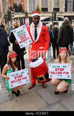 Londra, UK, 11 Dicembre 2014 : 'Santa' Steven Ugoalah e PETA 'Elfi' in grado di consegnare un messaggio ad Harvey Nichols Department Store "è stato molto naughty per la vendita di prodotti in pelliccia' di Londra. Credito: Vedere Li/Alamy Live News Foto Stock