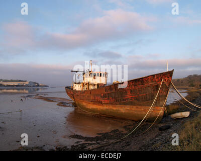 Vecchio arrugginito nave spiaggiata sul bordo del Torridge Estuary a bassa marea, Instow, Devon, Regno Unito Foto Stock