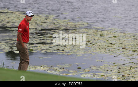 Royal Pines, Queensland. Undicesimo Dec, 2014. Australia. Adam Scott ricerches per la sua palla in acqua dopo un wayward tee-shot su xvii durante l'azione dell'Australian campionato di PGA essendo giocato al Royal Pines Resort su Queenslands Gold Coast. Credito: Azione Sport Plus/Alamy Live News Foto Stock