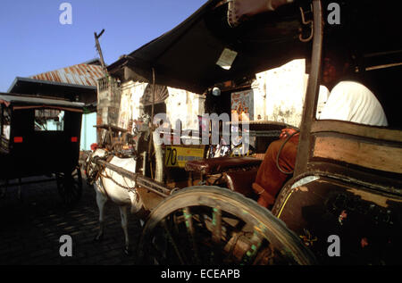 Kalesa ride, carrozza. Crisologo Street. Ilocos. Vigan. Filippine. Un kalesa (anche caritela/karitela) è un cavallo disegnato ca Foto Stock