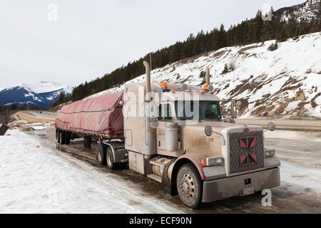 Peterbilt 379 semi rimorchio con un carico di tarped di legname in inverno Foto Stock