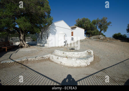 Parte posteriore della Mamma Mia cappella, Agios Ioannis, Skopelos, isola greca. Ottobre. Foto Stock