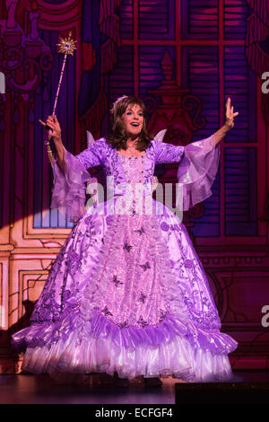 Nella foto: Linda grigio come la fata madrina. Prove abito della pantomima di Cenerentola starring Dallas attrice Linda grigio come la Fata Madrina presso il Nuovo Teatro di Wimbledon. Con il comico Tim Vine come pulsanti, Matthew Kelly e Matteo Rixon come le due sorelle brutto, Wayne sonno come Dandini, Amy Lennox come Cenerentola e Liam Doyle come il Principe Azzurro. La panto corre dal 5 dicembre 2014 al 11 gennaio 2015. Foto Stock