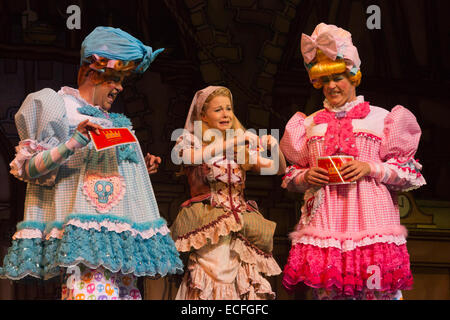 L-R: Matthew Kelly, Amy Lennox e Matteo Rixon. Prove abito della pantomima di Cenerentola starring Dallas attrice Linda grigio come la Fata Madrina presso il Nuovo Teatro di Wimbledon. Con il comico Tim Vine come pulsanti, Matthew Kelly e Matteo Rixon come le due sorelle brutto, Wayne sonno come Dandini, Amy Lennox come Cenerentola e Liam Doyle come il Principe Azzurro. La panto corre dal 5 dicembre 2014 al 11 gennaio 2015. Foto Stock