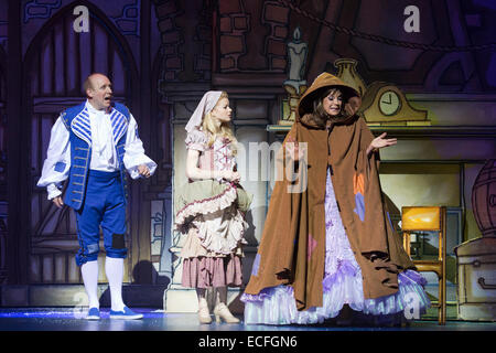 L-R: Tim Vine, Amy Lennox e Linda grigio. Prove abito della pantomima di Cenerentola starring Dallas attrice Linda grigio come la Fata Madrina presso il Nuovo Teatro di Wimbledon. Con il comico Tim Vine come pulsanti, Matthew Kelly e Matteo Rixon come le due sorelle brutto, Wayne sonno come Dandini, Amy Lennox come Cenerentola e Liam Doyle come il Principe Azzurro. La panto corre dal 5 dicembre 2014 al 11 gennaio 2015. Foto Stock