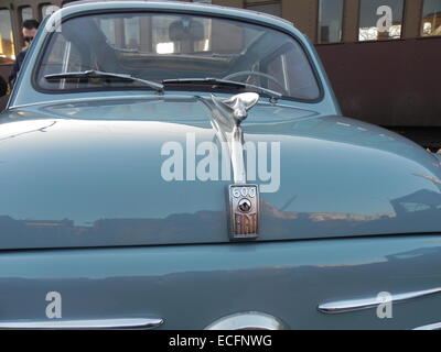 Dettaglio del fronthood di una vecchia FIAT 600 esposte al Museo Ferroviario di Trieste durante un incontro di auto d'epoca Foto Stock