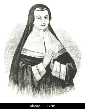 Questa illustrazione del 1882 di Sulte raffigura la mamma. De la Peltrie, una figura storica significativa nella prima colonizzazione del Canada. Era nota per i suoi contributi all'educazione e al lavoro missionario, in particolare con le suore delle Ursuline in Quebec. L'immagine evidenzia la sua importanza nel contesto della prima storia canadese. Foto Stock