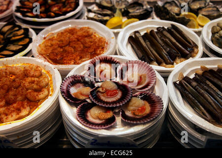 Capesante in vendita in San Miguel Mercato in Madrid. Foto Stock