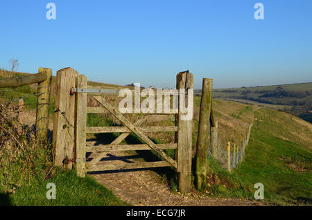 Campagna di legno cancello sulla Sussex Southdown è di una bellezza spot noto come Devil's Dyke. Foto Stock