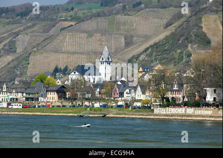 Leutesdorf, vista sul Reno da Andernach, Renania-Palatinato, Germania, Europa Foto Stock